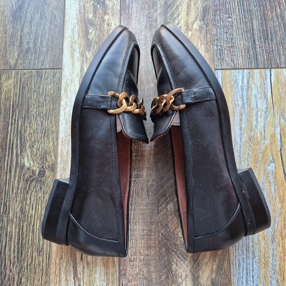 Vionic Mizelle Black Leather Loafer Comfort Arch Support Gold-Tone Chunky Chain - Picture 7 of 12